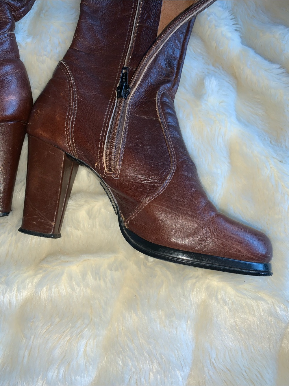 Vtg 60s 70s Hanna Brown leather side zipper knee high Gogo boots 5.5 - Picture 8 of 15